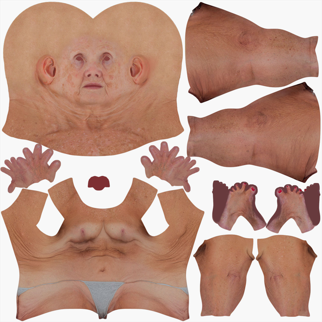 UV map layout for an older female 3D body scan showing low-distortion texture unwrap across the full figure
